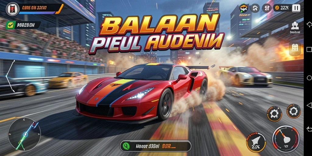 Screenshot gameplay Racing yang menampilkan mobil melaju kencang di lintasan.