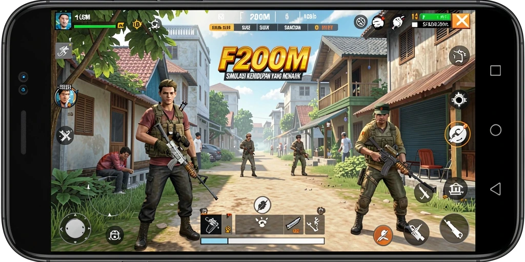 Tampilan gameplay F200M yang mendetail dan interaktif.