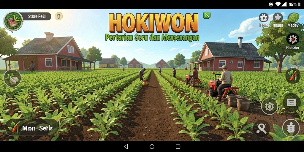 Gameplay seru HOKIWON dengan ladang dan tanaman hijau.