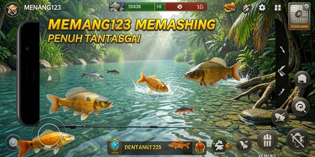 Screenshot gameplay MENANG123 dengan berbagai ikan dan lokasi memancing.