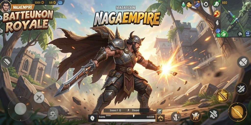 Screenshot gameplay NAGAEMPIRE menampilkan pertempuran mendebarkan dalam Battle Royale.