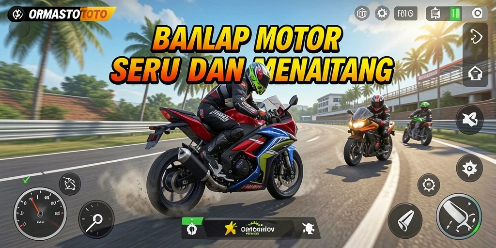 Tangkapan layar gameplay <strong>ORMASTOTO</strong> menampilkan balapan motor yang intens dan menegangkan.