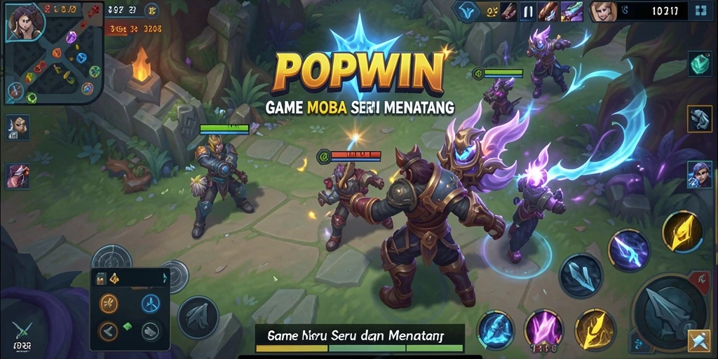 Tangkapan layar gameplay POPWIN yang menegangkan dalam pertempuran MOBA.