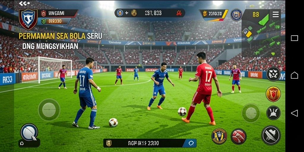 Screenshot gameplay RR33 menampilkan aksi seru di lapangan sepak bola.