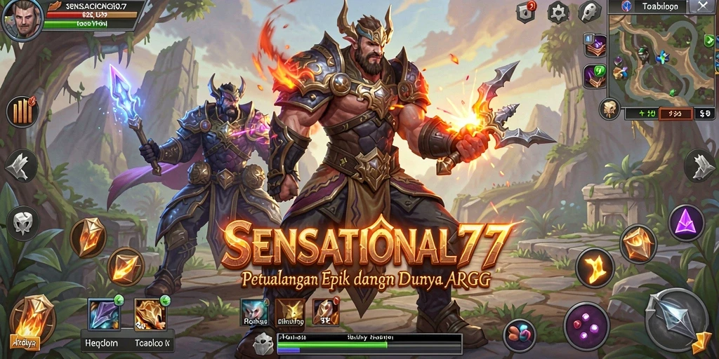 Tangkapan layar gameplay SENSATIONAL77 menampilkan pertempuran seru di dunia fantasi.