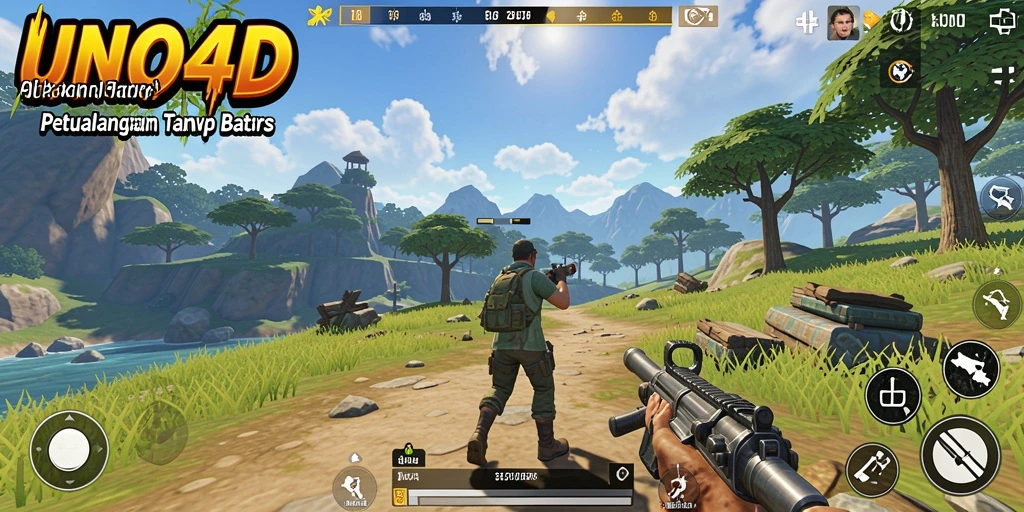 Screenshot gameplay UNO4D menampilkan petualangan dalam dunia terbuka yang luas.