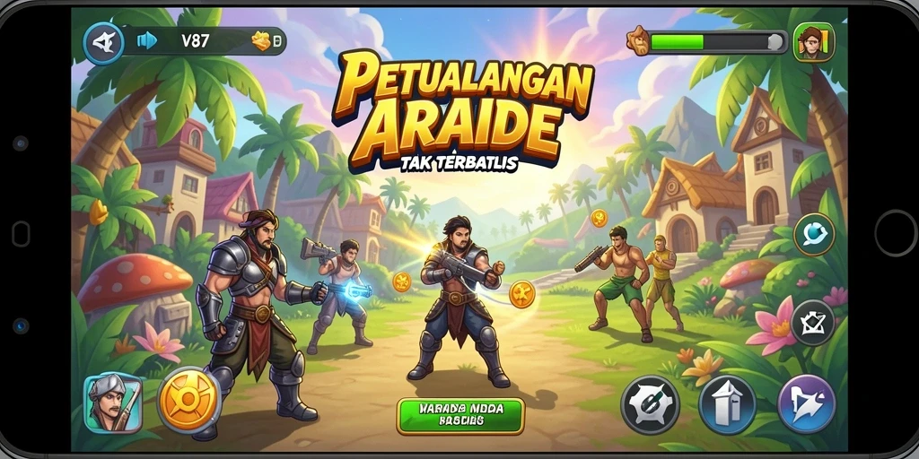 Screenshot V87 menampilkan gameplay seru dengan karakter lucu dan tantangan menarik.