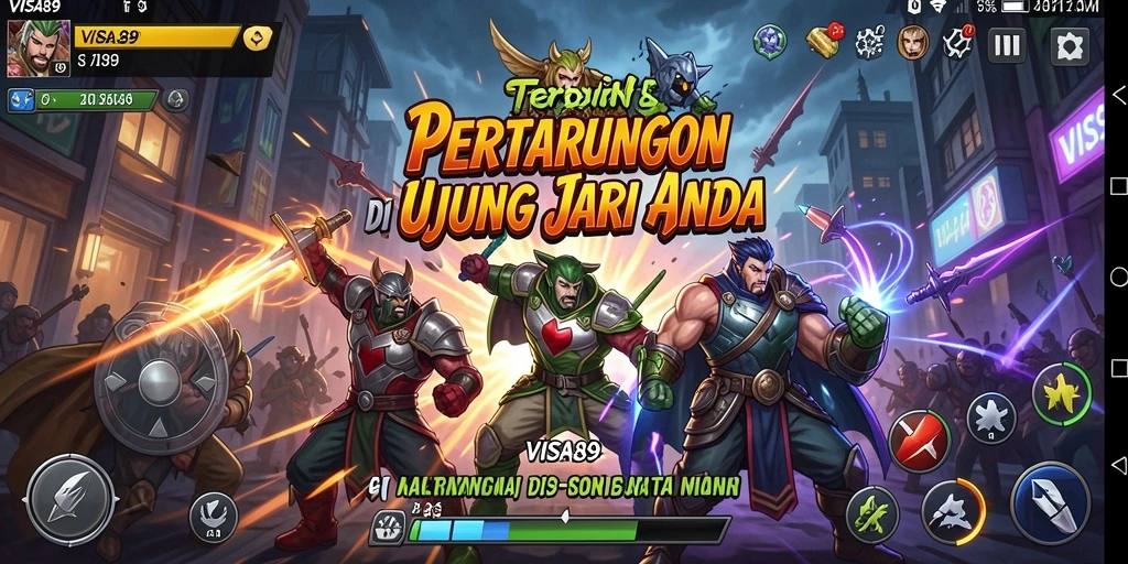 Screenshot utama VISA89 menampilkan pertarungan intens antara karakter dalam arena.