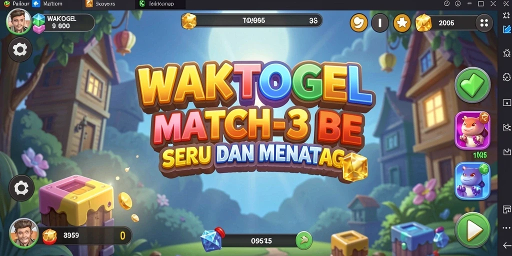 Screenshot menunjukkan gameplay seru WAKTOGEL dengan penuh warna dan tantangan Match-3.